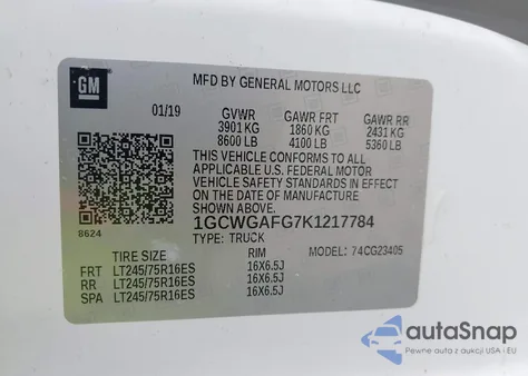 2019 Chevrolet Express 2500 Work Van из США, поврежденный, VIN 1GCWGAFG7K1217784